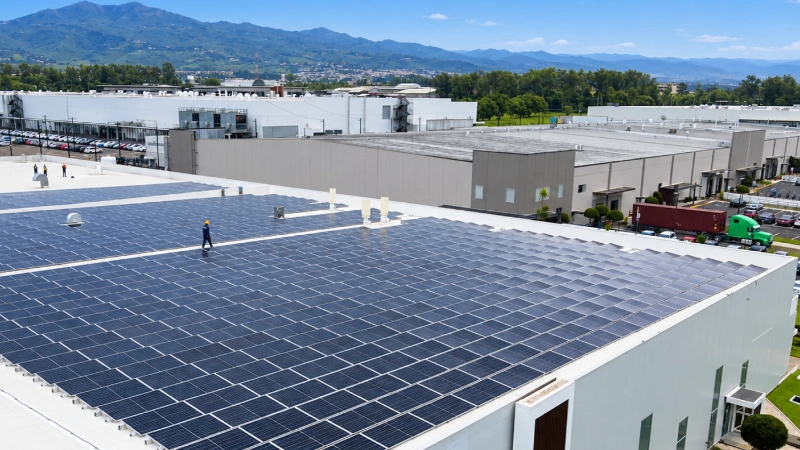 Paneles solares instalados en la cubierta de un edificio comercial.